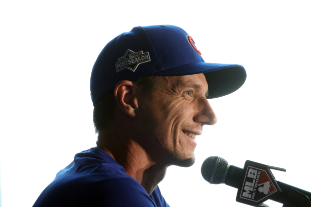 Chicago Cubs manager Craig Counsell speaks to the media at...