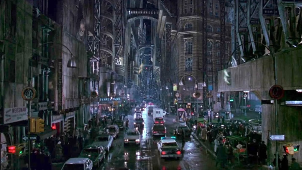 A wide shot of a Gotham City street in Tim Burton's Batman