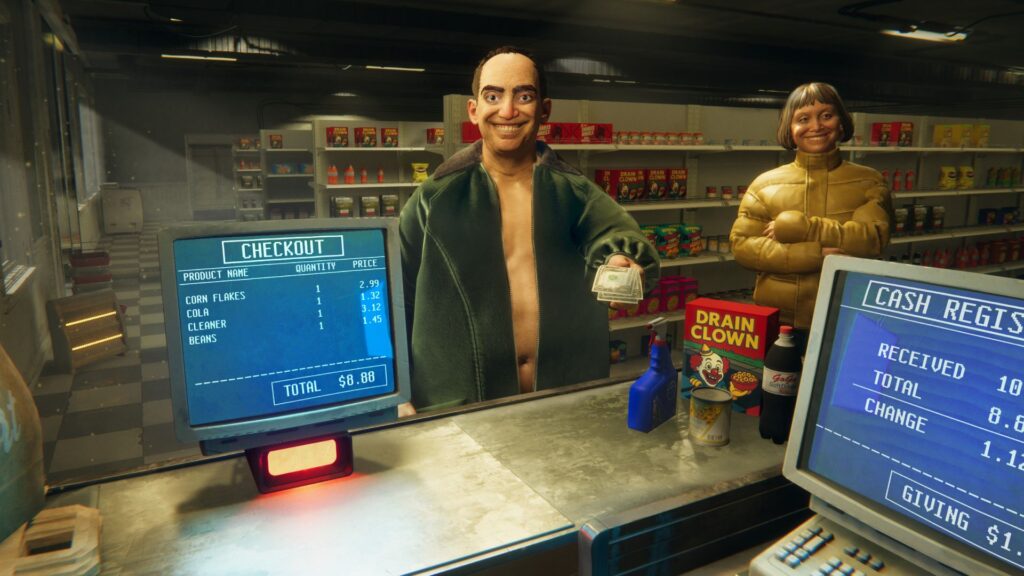 A pair of nightmarish customers at checkout in Hellmart.