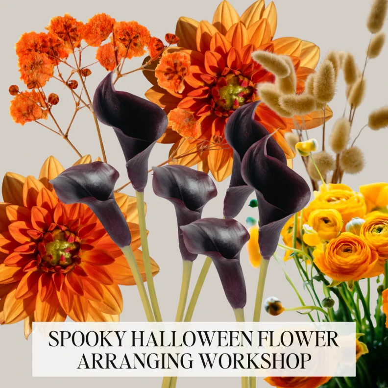 A multi-colored dark floral arrangement for the Spooky Halloween Flower event at Viola Floral Studio decorates a graphic image.