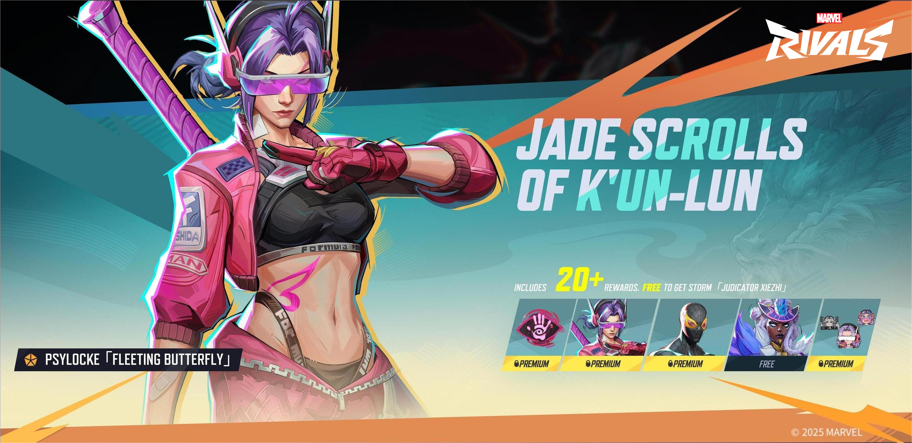 Psylocke wears a futuristic pink and purple motorcycle jacket and purple sunglasses