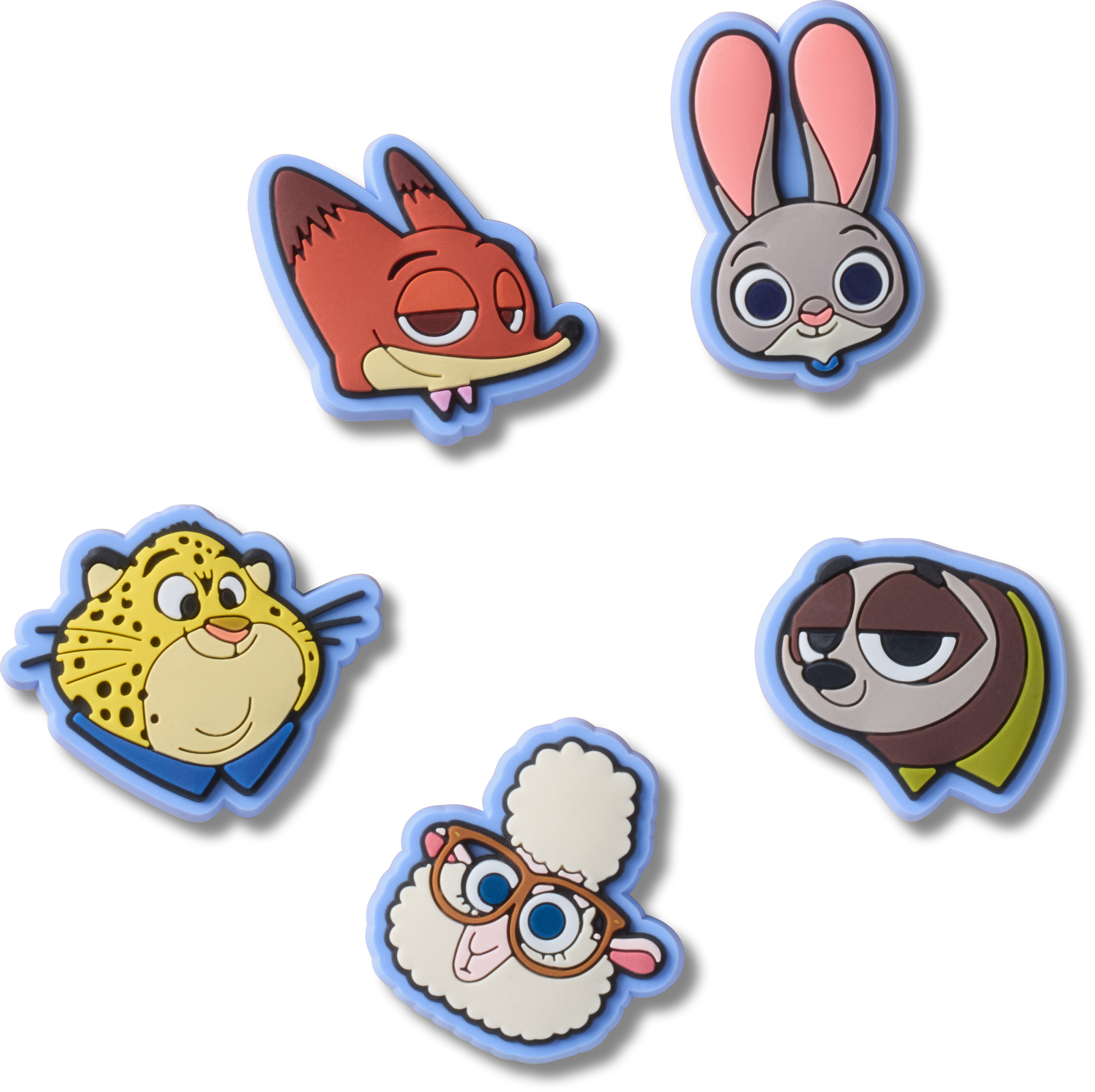Five cartoon Zootopia animal faces on white, echoing the playful style found in Disney Parks shops near iconic castle landmarks.