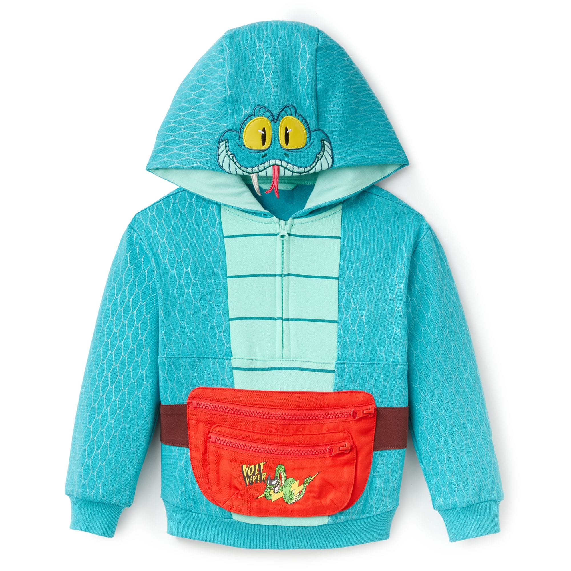 Blue kids’ hoodie with snake face on the hood and red fanny pack, inspired by Disney Parks’ Zootopia 2 merch, no castle pictured.