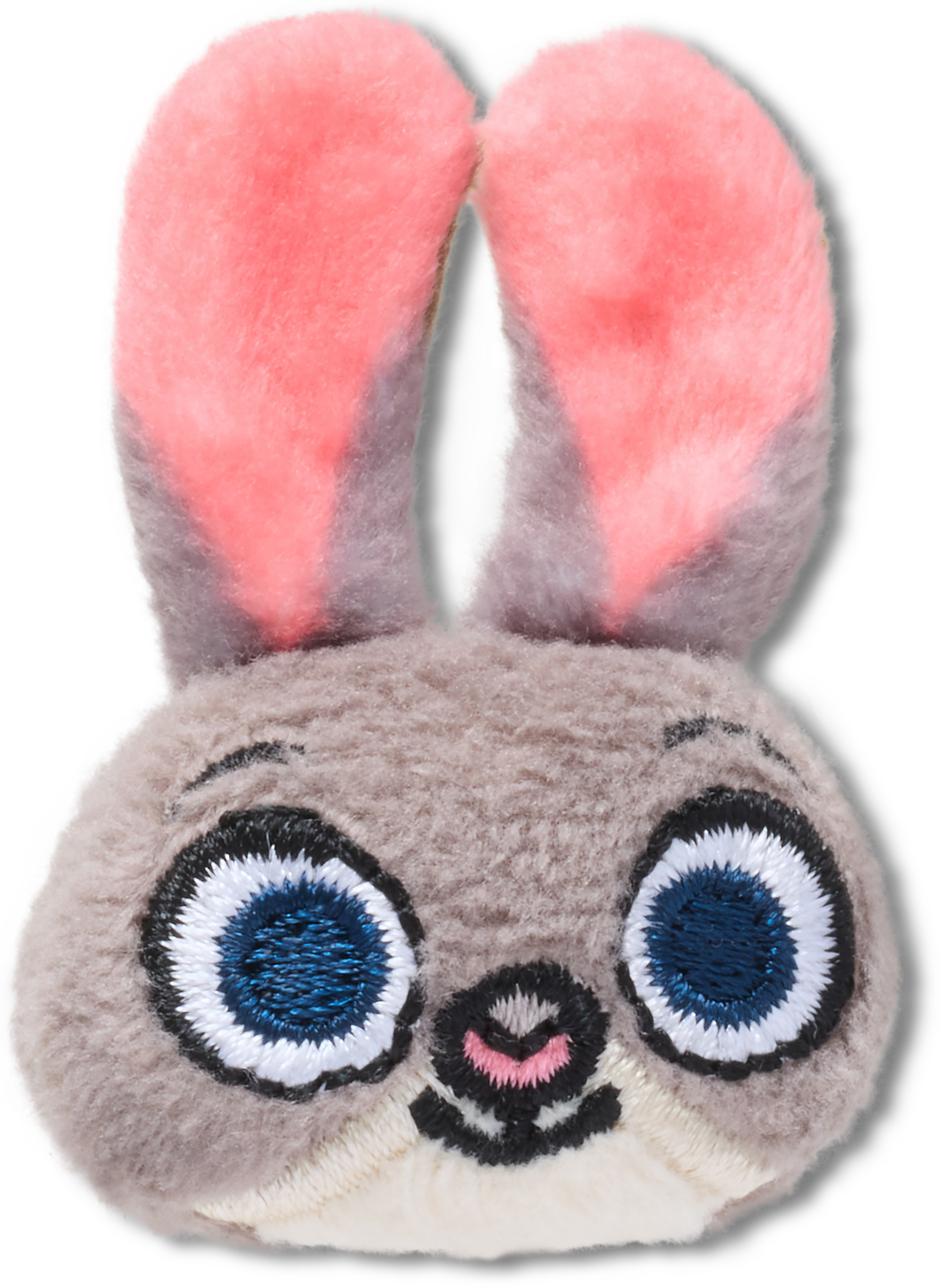 Plush bunny face with big blue eyes and gray fur, great for Zootopia 2 Disney Park collectors—no castle shown to compare.
