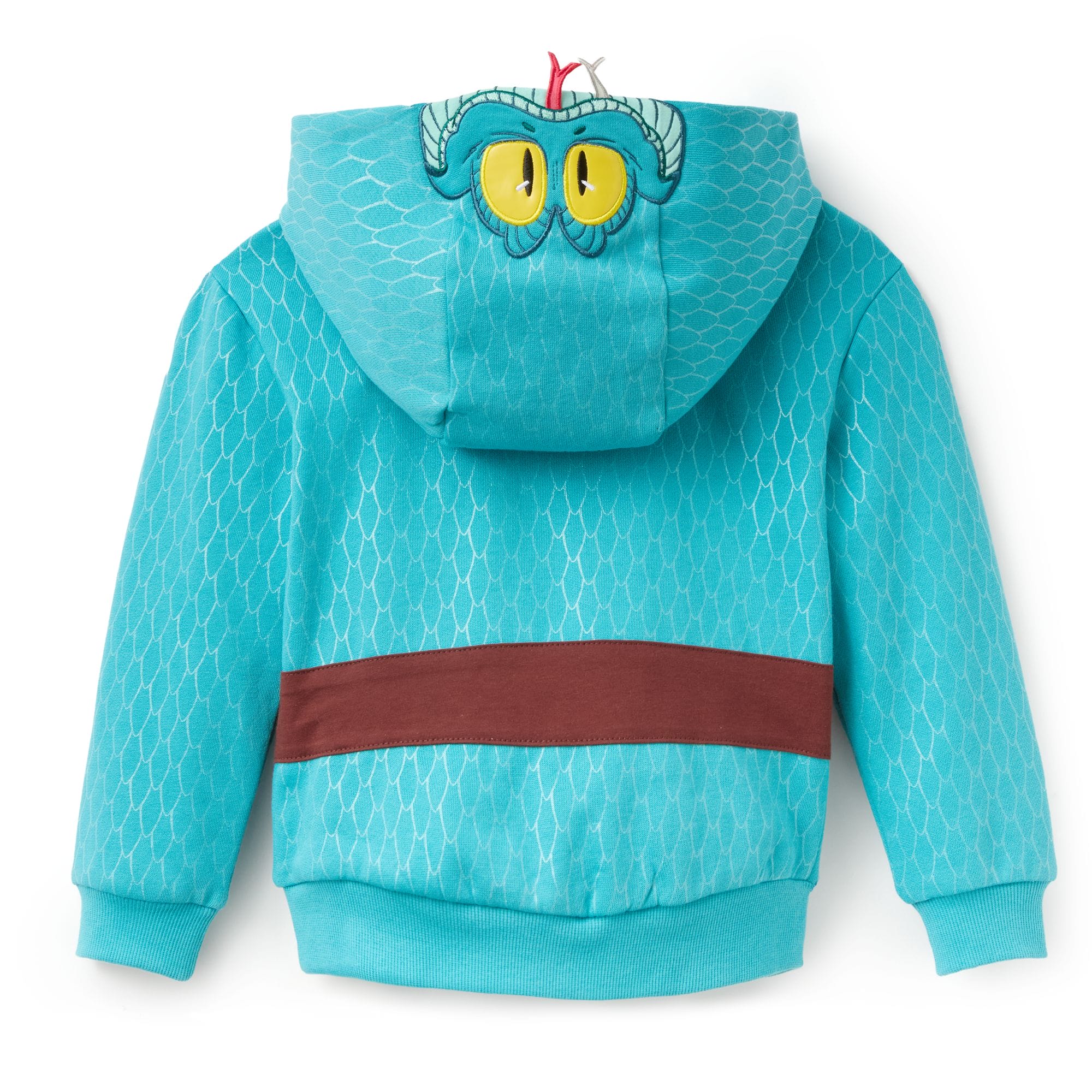 A blue hoodie with a brown stripe, cartoon monster eyes, and horns—great for Disney Parks visitors seeking playful style.