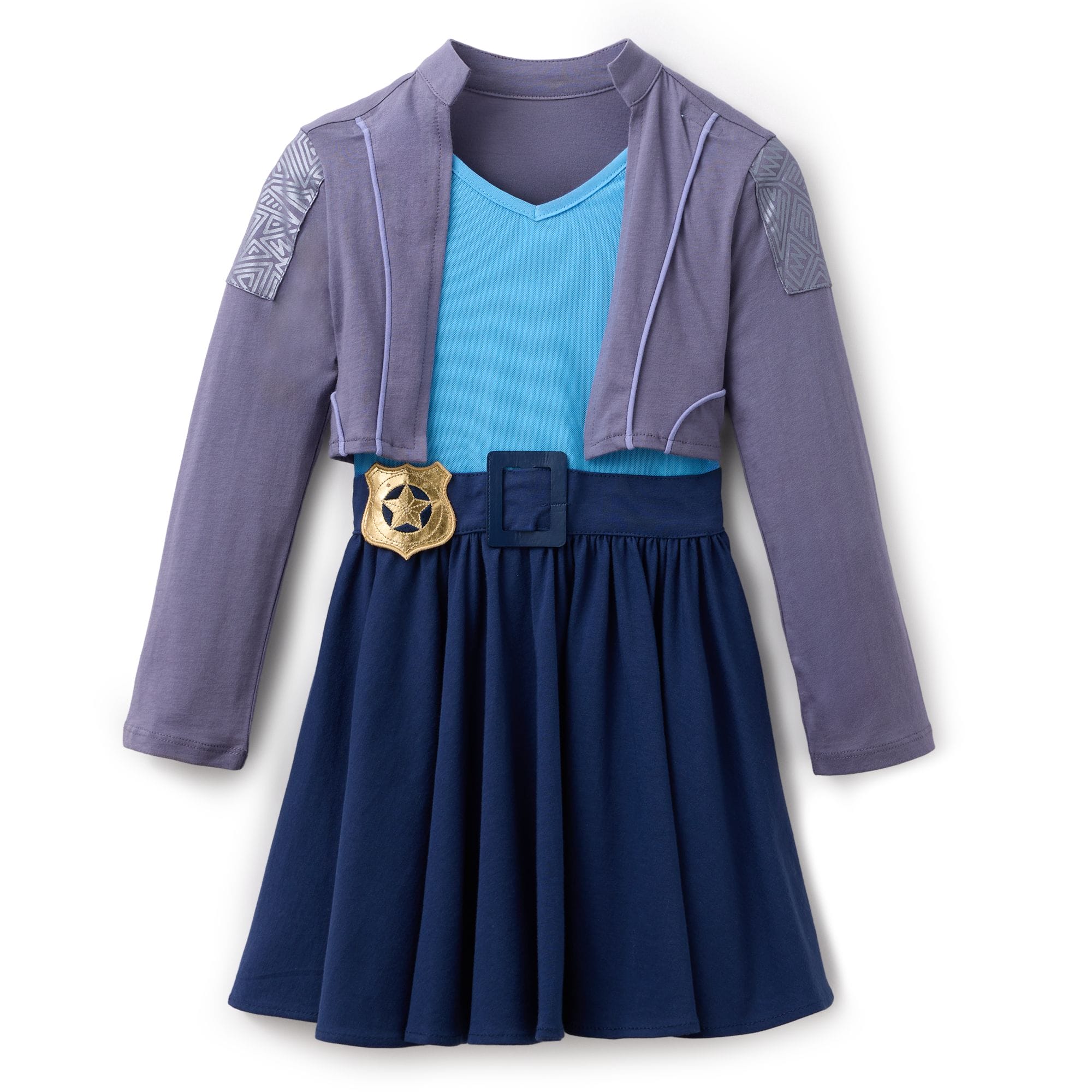 Children’s Zootopia 2 costume from Disney Store with blue dress, purple jacket, and shield belt, like styles seen in Disney Parks.