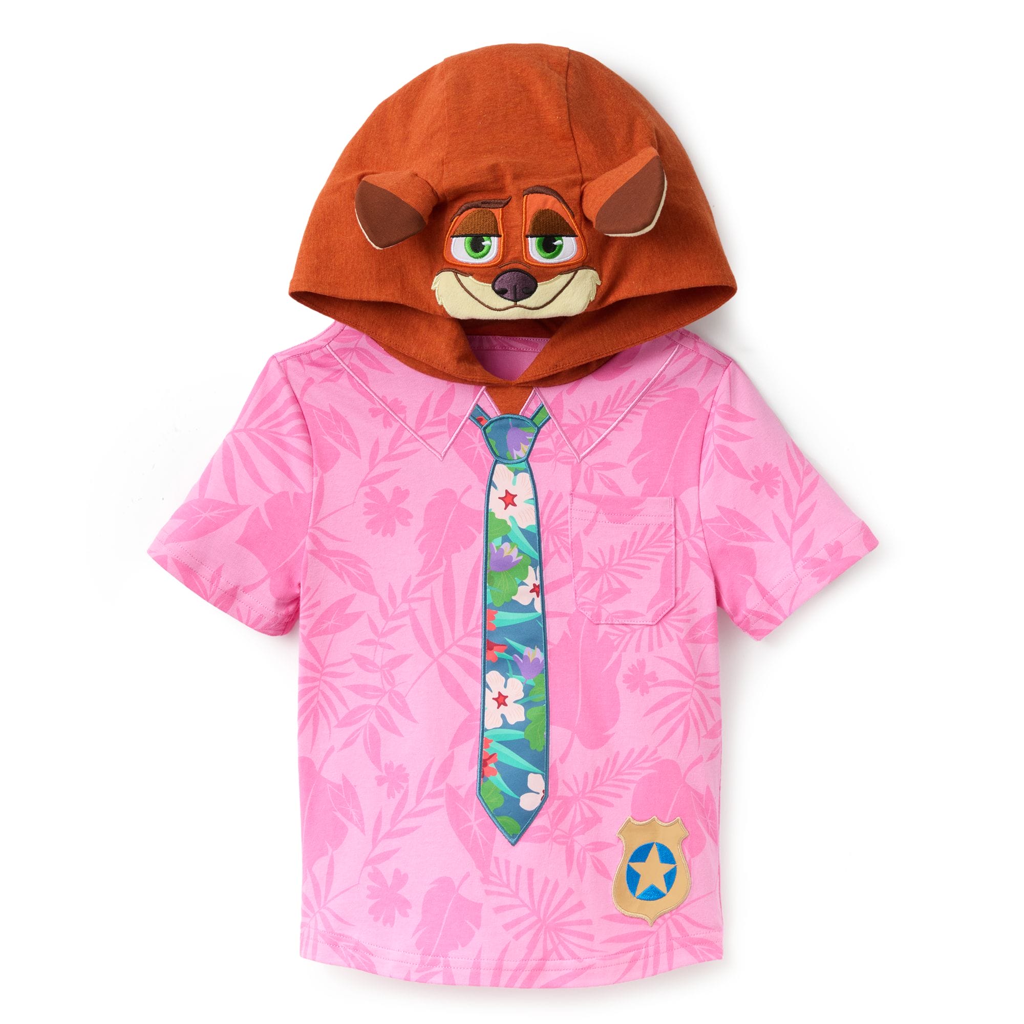 Pink shirt with blue floral tie, police badge, and fox-face hood—Zootopia 2 merch at Disney Store, not seen near castle icons.