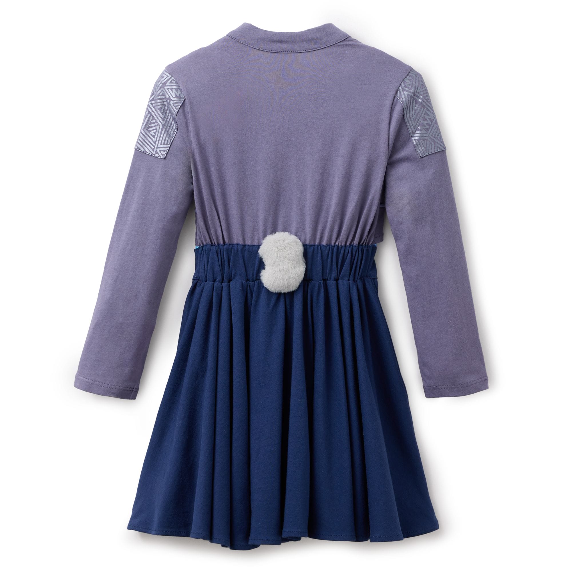 A purple long-sleeve dress with a blue skirt and fluffy white tail, inspired by Zootopia 2, styled like Disney Parks merch, rear view.