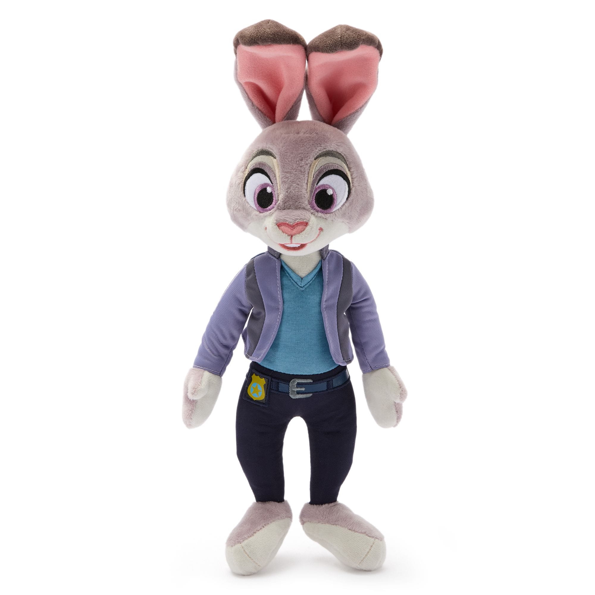 Judy Hopps-inspired plush toy in a blue shirt and police badge, just like the ones sold at Disney parks around the world.