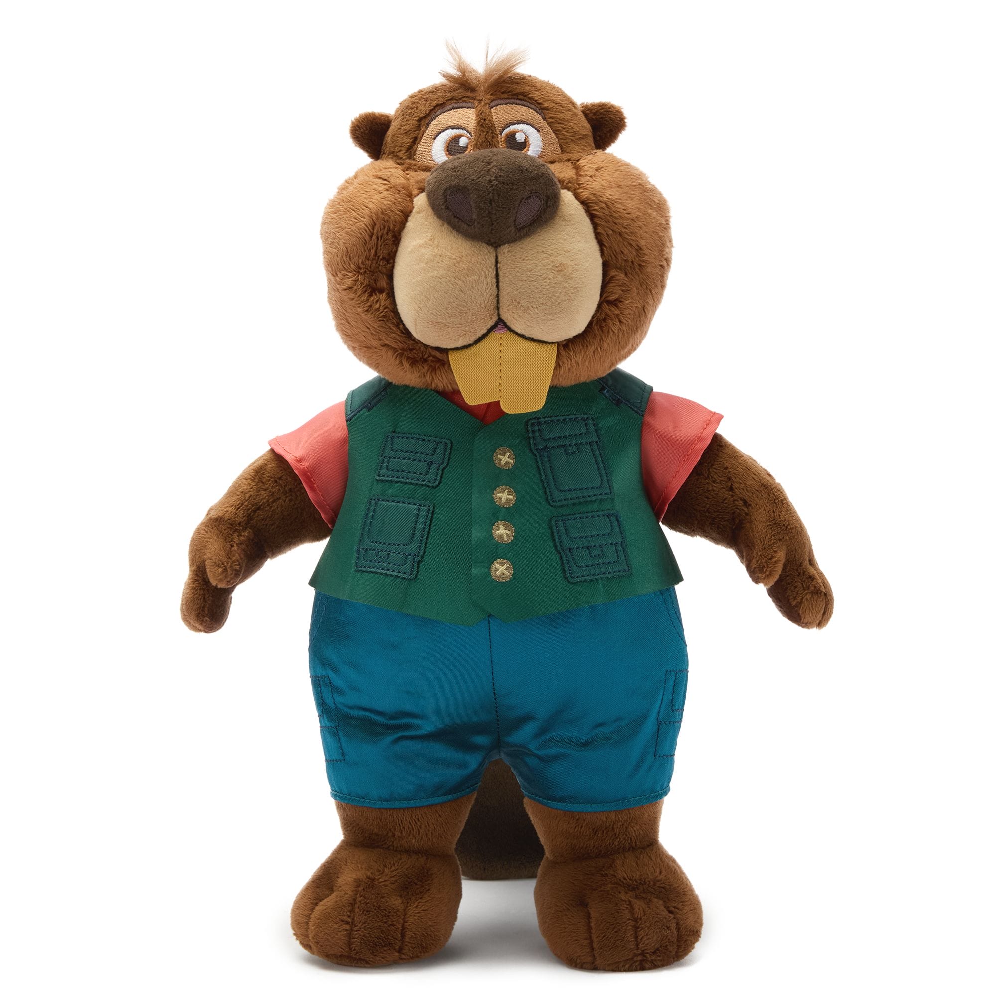Plush beaver toy in a green vest, blue pants, and red shirt—adorable Disney Parks merchandise, upright and smiling.