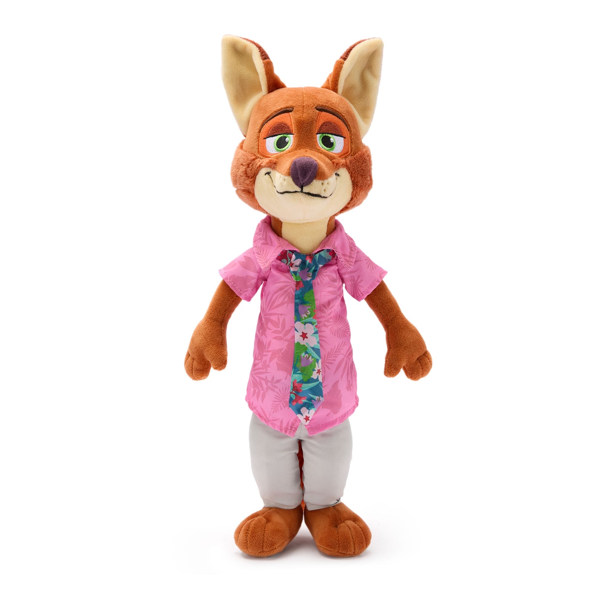 Plush Zootopia 2 fox toy in a pink shirt and blue floral tie, grinning like guests at Disneyland Castle on parade day.