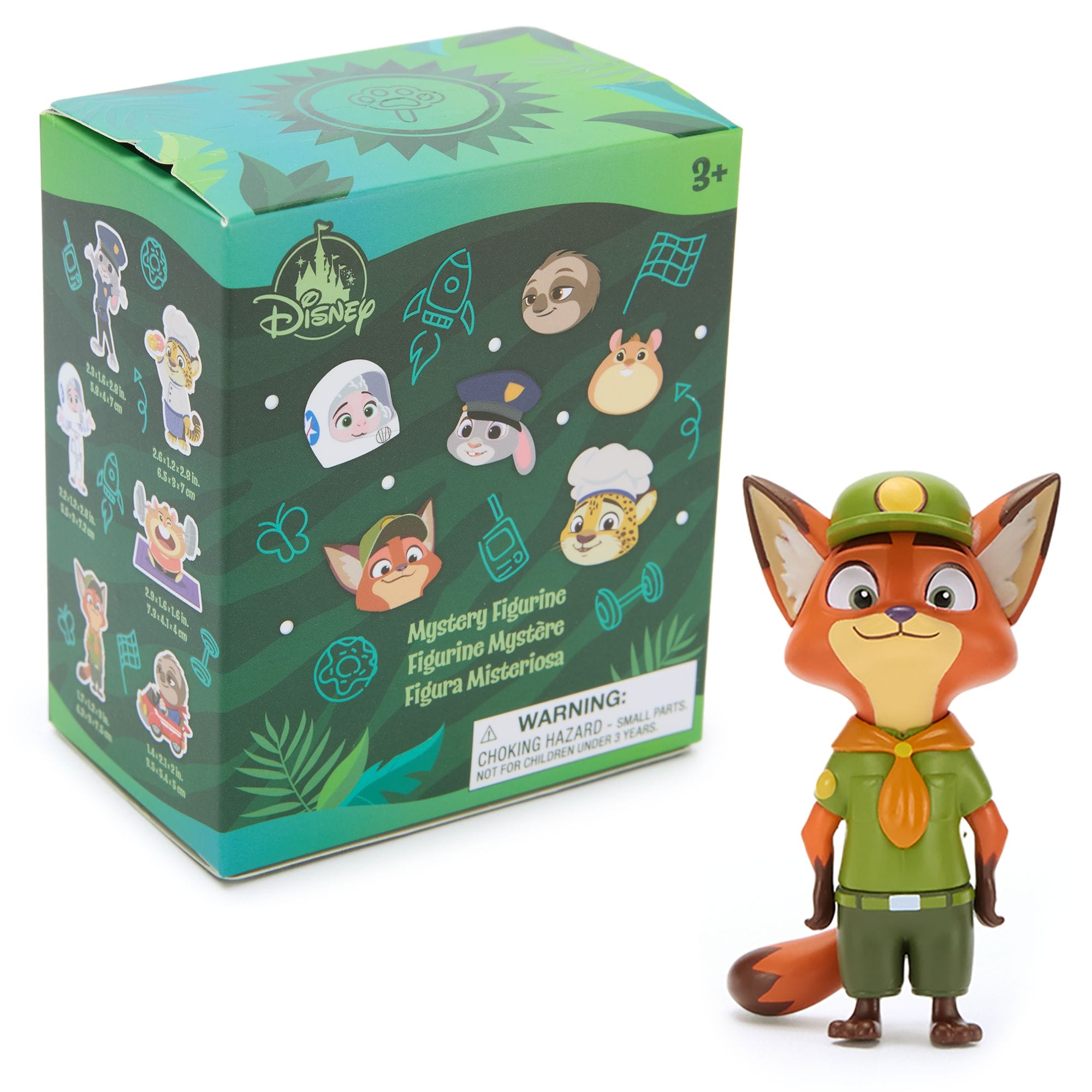 A fox figurine in a green uniform stands beside a Disney Store box with animal characters, reminiscent of park merchandise displays.