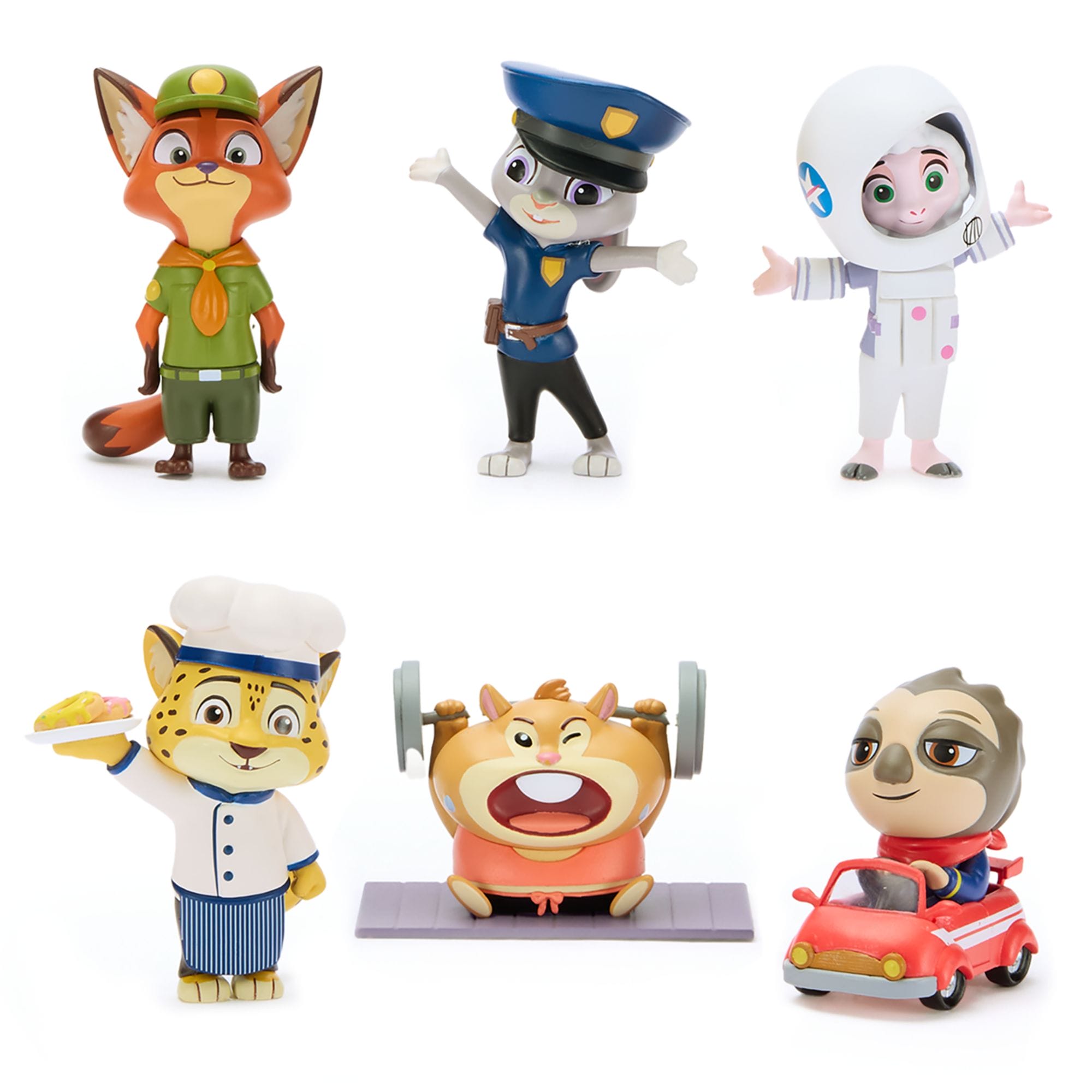Six cartoon animal figurines in playful costumes, ideal for Zootopia 2 fans or collectors of global Disney Park souvenirs.