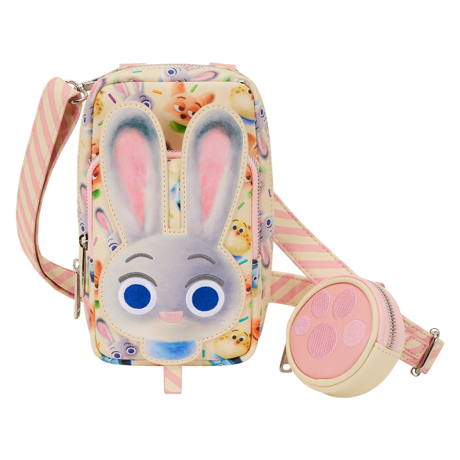 Pastel rectangular bag featuring a cute bunny face, big ears, and Zootopia 2 charm on a striped strap—Disney Parks exclusive style.