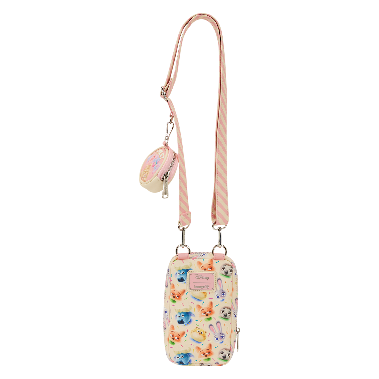 Pastel crossbody bag with Disney character faces and striped strap, exclusive to Disney Parks—perfect for castle day trips.