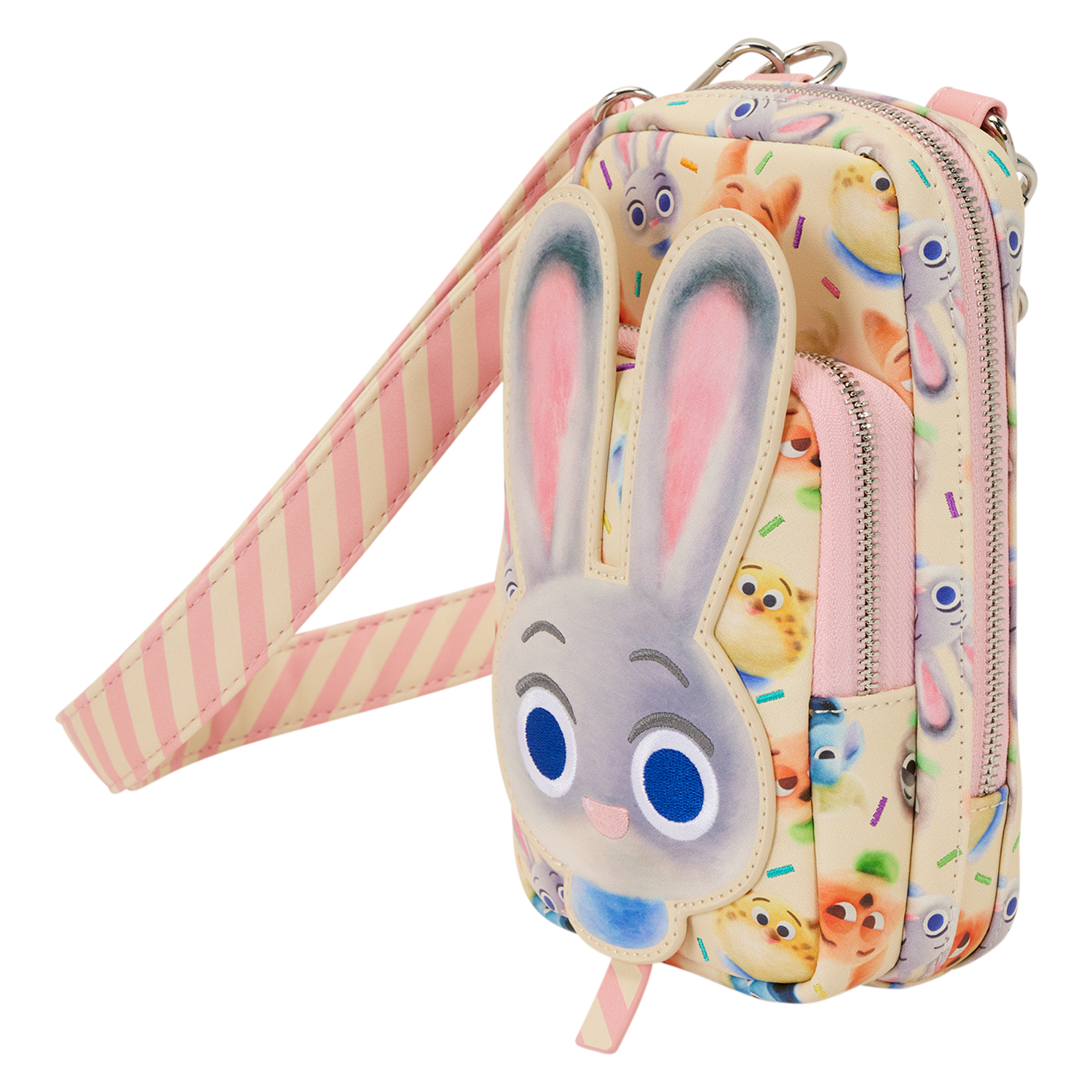 Small pastel Disney crossbody bag with a bunny face, pink ears, and sprinkle pattern—Disney Store style found at many parks.