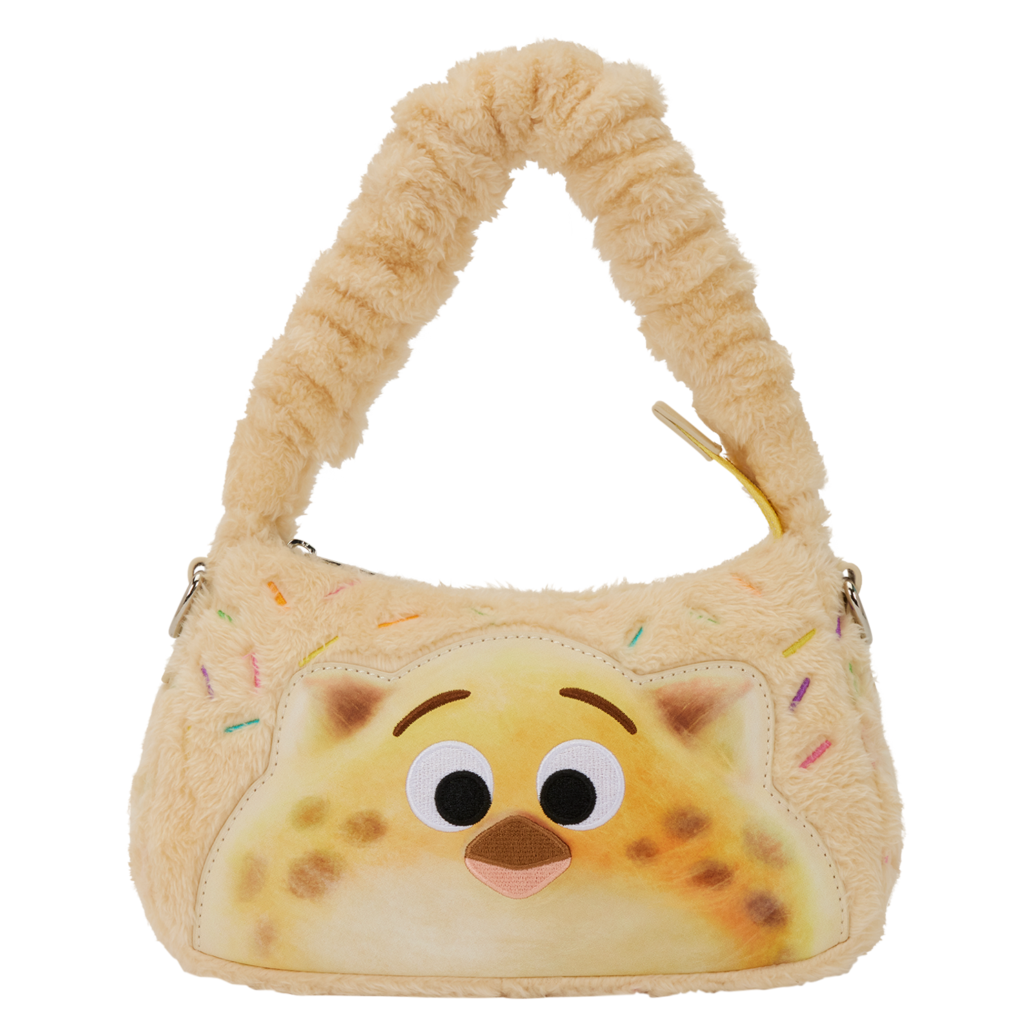 A plush beige handbag with a cartoon face and sprinkles, popular Zootopia 2 merch at Disney Parks, castle not pictured.