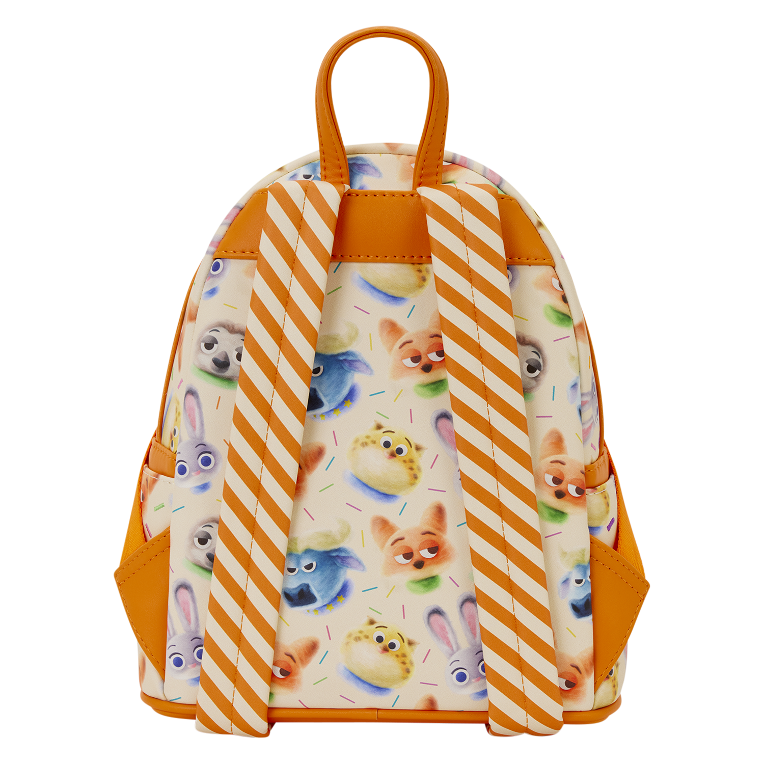 Disney Parks-exclusive Zootopia 2 backpack with orange-white striped straps, cartoon animal faces; perfect as park merch.