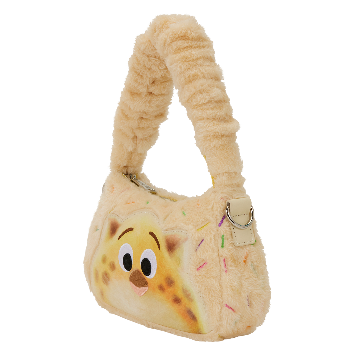 Fuzzy tan Zootopia 2 handbag with a cartoon pop tart face, sprinkles, and chunky handle—cute Disney Parks exclusive accessory!