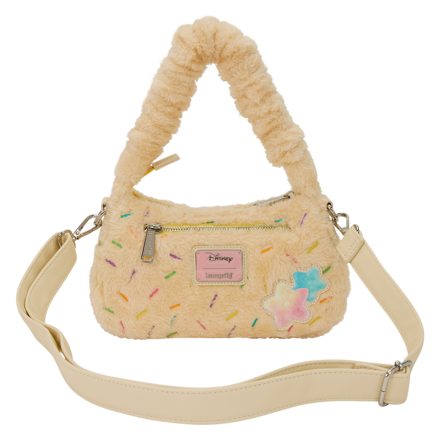 Plush beige purse with sprinkles, pastel Mickey Mouse patches, and a detachable strap, a Disney Store exclusive not found in park shops.