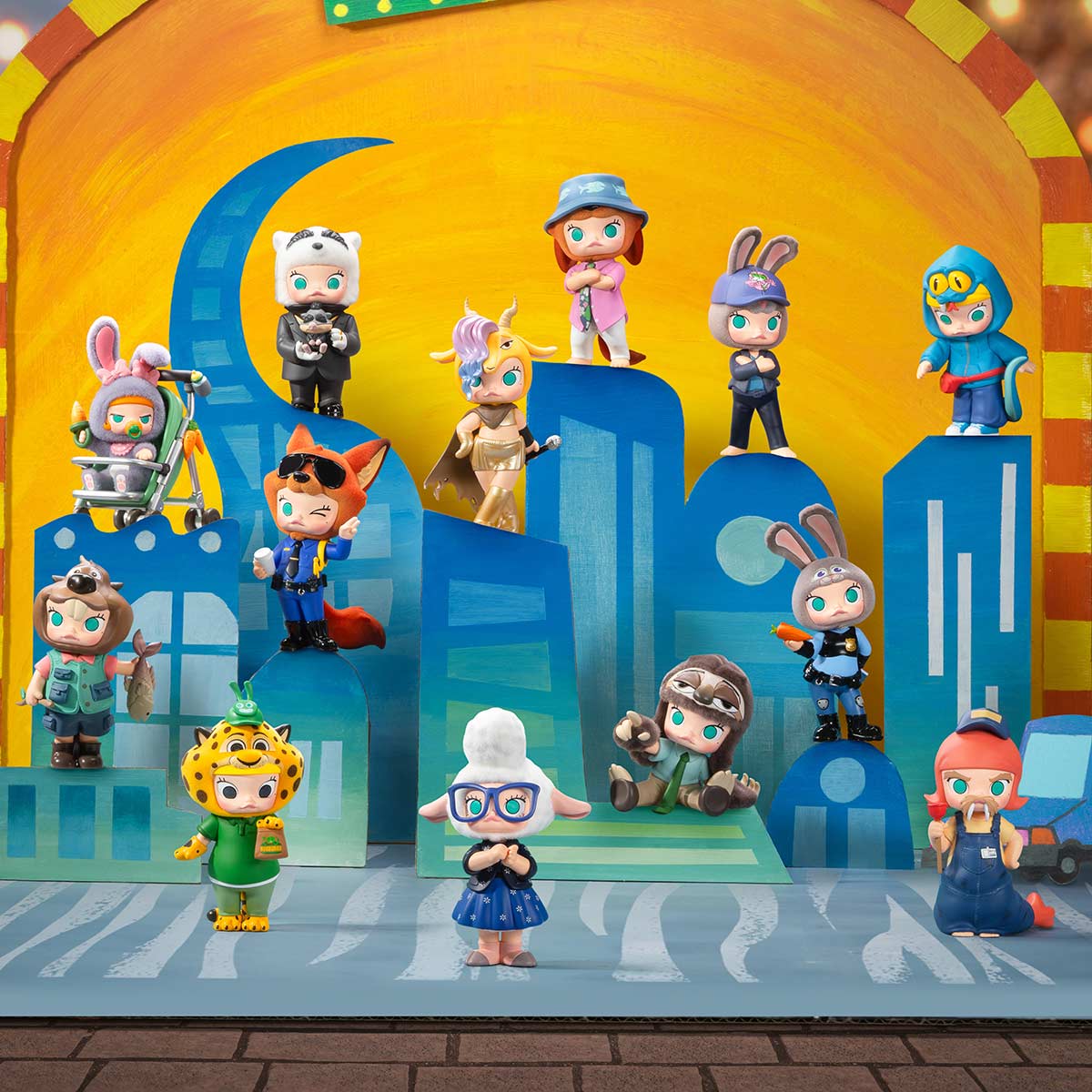 Twelve vibrant Zootopia 2 toy figures displayed on a blue cityscape with yellow and orange hues, no Disney castle in view.