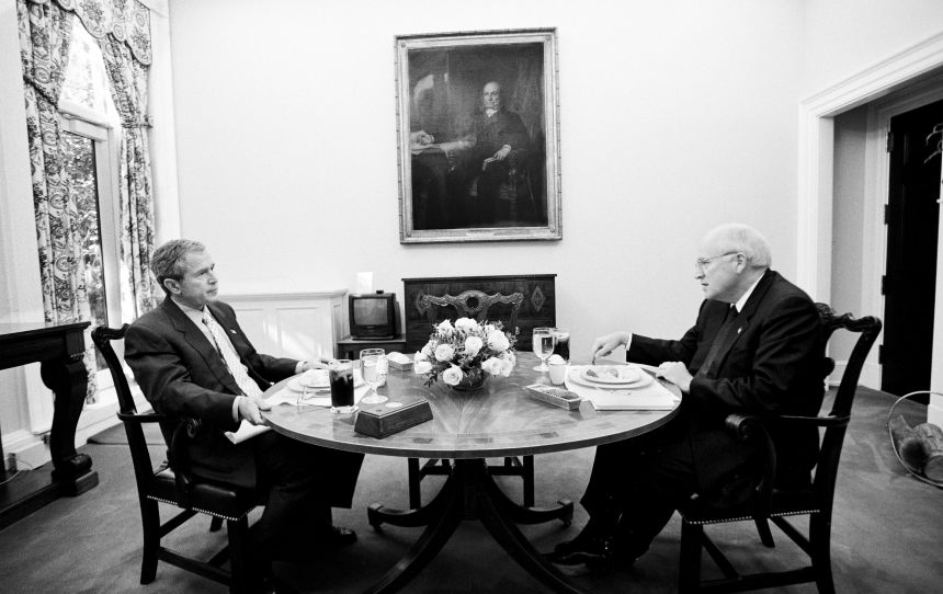 Bush and Cheney have their weekly lunch in a small dining room at the White House in October 2001.