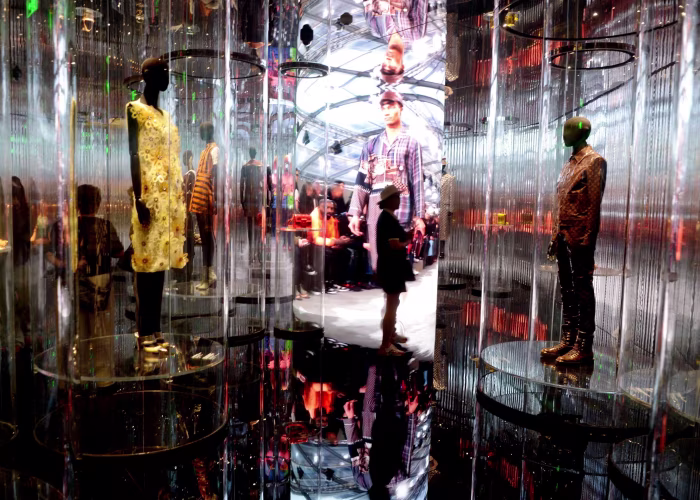 Mannequins dressed in designer clothing are displayed in transparent cylinders, with visitors and a large fashion image reflected throughout the multisensory Louis Vuitton flagship.