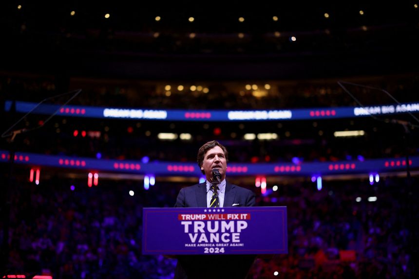 Tucker Carlson speaks during a rally for Republican presidential nominee and former President Donald Trump at Madison Square Garden on October 27, 2024.