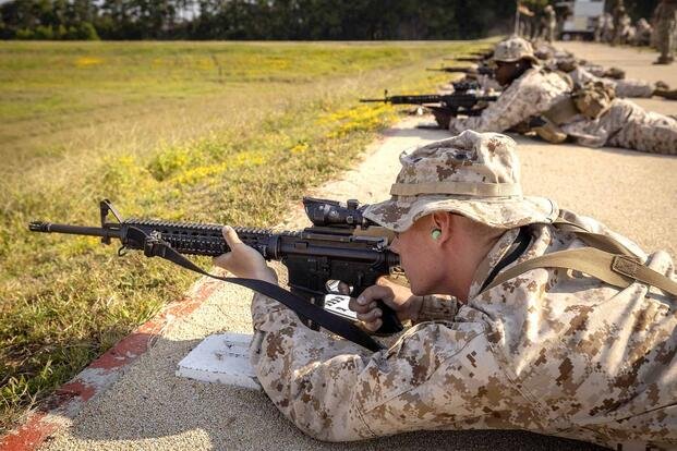 Marine Corps recruits conduct live-fire drills during rifle qualification practice at Marine Corps Recruit Depot Parris Island, S.C., Sept. 17, 2025