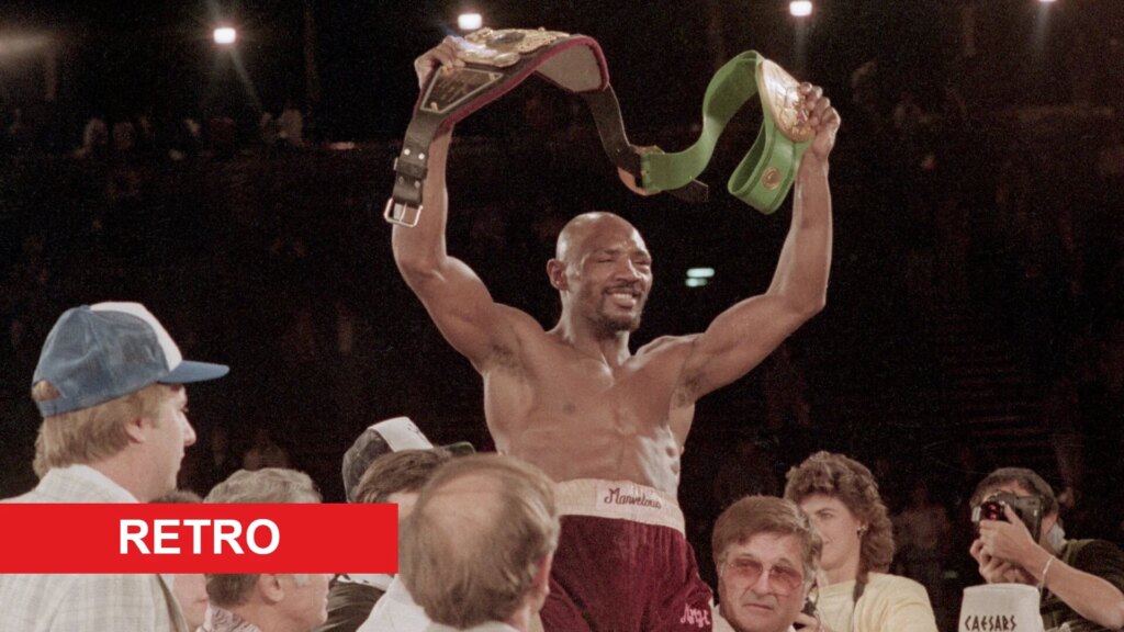 Marvin Hagler celebrates after his middleweight title fight win over Roberto Duran in November, 1983.