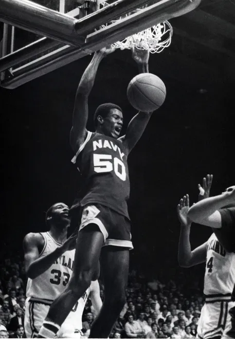 Navy Midshipmen center David Robinson in action against Maryland in 1986. Robinson's nickname is 
