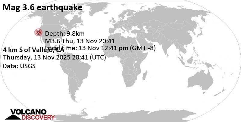 3.6 quake Solano County, 23 mi northeast of San Francisco, San Francisco County, California, United States, Nov 13, 2025 12:41 pm (Los Angeles time)