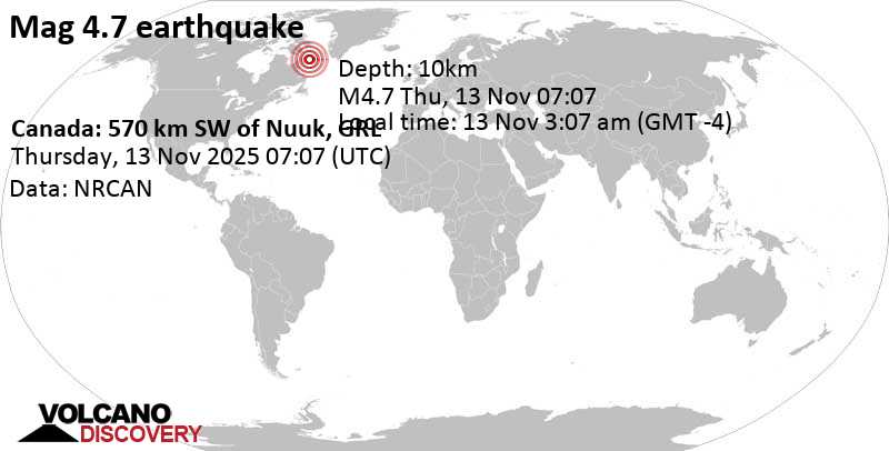 4.7 quake Davis Strait, Canada, Nov 13, 2025 03:07 am (GMT -4)