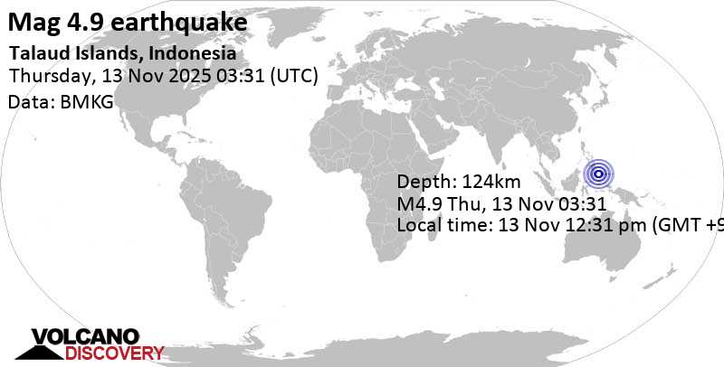 4.9 quake Philippine Sea, 108 km east of Pulau Karakelang Island, Indonesia, Nov 13, 2025 12:31 pm (GMT +9)