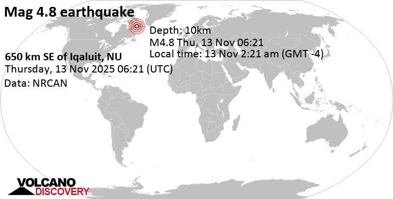 4.8 quake Davis Strait, Canada, Nov 13, 2025 02:21 am (GMT -4)