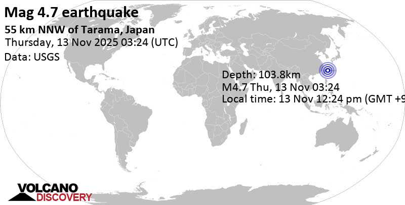 4.7 quake East China Sea, 81 km north of Ishigaki Jima Island, Okinawa, Japan, Nov 13, 2025 12:24 pm (GMT +9)