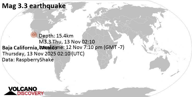 3.3 quake 6.7 km southwest of San Jose del Cabo, Estado de Baja California Sur, Mexico, Nov 12, 2025 07:10 pm (Mazatlan time)