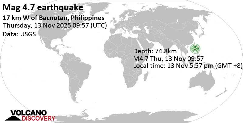 4.7 quake South China Sea, 46 km northeast of Santiago Island, Philippines, Nov 13, 2025 05:57 pm (Manila time)
