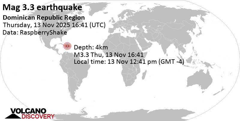 3.3 quake 7.4 km northeast of Salcedo, Provincia de Hermanas Mirabal, Dominican Republic, Nov 13, 2025 12:41 pm (Santo Domingo time)