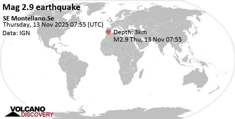 2.9 quake 19 km south of Moron de la Frontera, Seville, Andalusia, Spain, Nov 13, 2025 08:55 am (Madrid time)