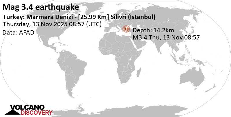 3.4 quake Sea of Marmara, 35 km southwest of Bueyuekcekmece, Istanbul, Turkey, Nov 13, 2025 11:57 am (Istanbul time)