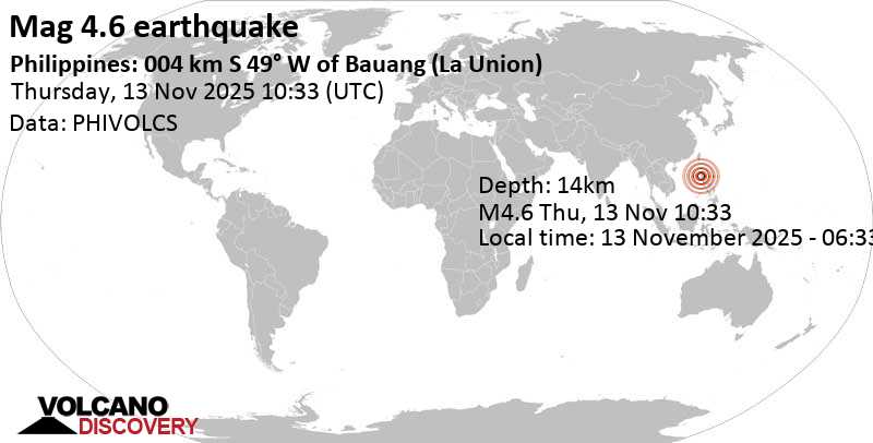 4.6 quake South China Sea, 12 km south of San Fernando, Philippines, Nov 13, 2025 06:33 pm (Manila time)