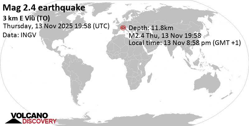 2.4 quake 29 km northwest of Turin, Torino, Piedmont, Italy, Nov 13, 2025 08:58 pm (Rome time)
