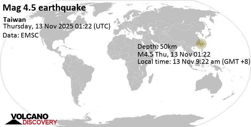 4.5 quake 39 km south of Taipei, Taiwan, Nov 13, 2025 09:22 am (Taipei time)