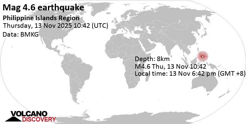 4.6 quake Philippine Sea, 68 km east of Manay, Philippines, Nov 13, 2025 06:42 pm (GMT +8)