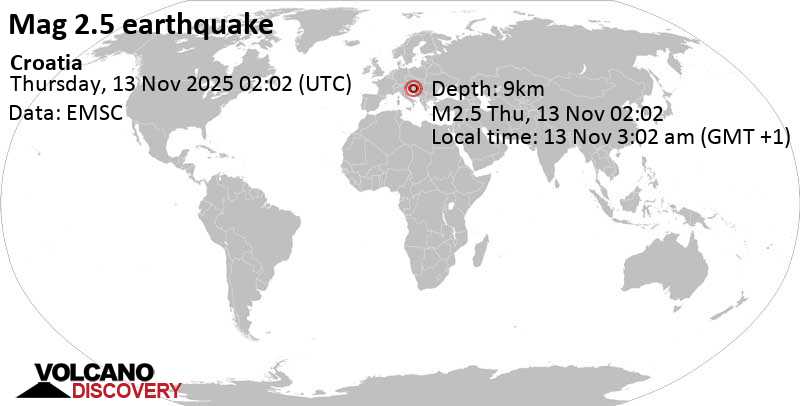 2.5 quake 3.2 km southwest of Sisak, Sisak-Moslavina County, Croatia, Nov 13, 2025 03:02 am (Zagreb time)