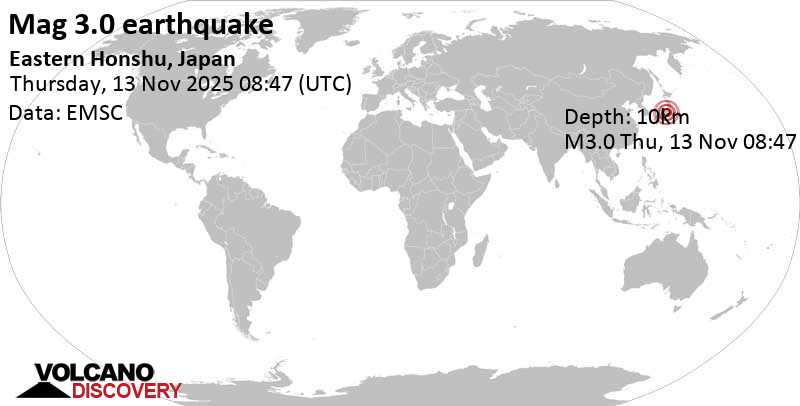 3.0 quake 42 km southwest of Matsumoto, Nagano, Japan, Nov 13, 2025 05:47 pm (GMT +9)
