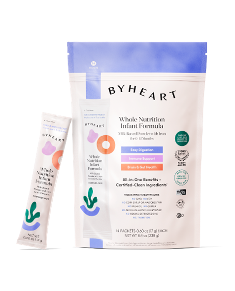 Image of ByHeart Packaging with bags and single-serve “anywhere” sticks