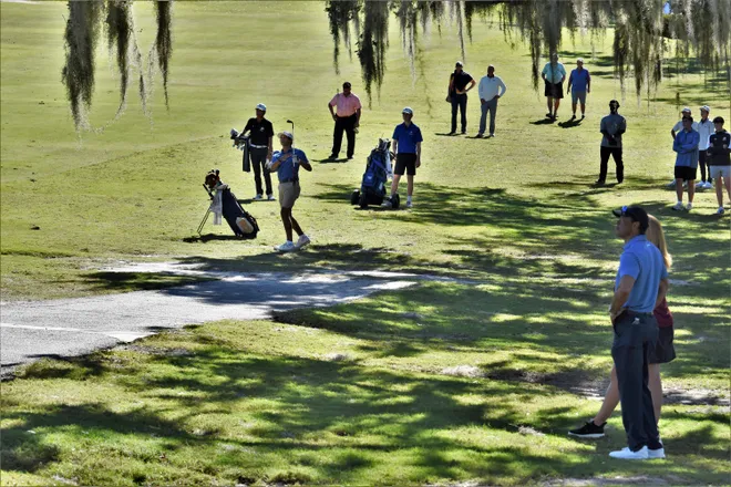 Tiger Woods watches his son, Charlie Woods, golf with The Benjamin School as the Buccaneers play on Day No. 2 of the Class 1A state championship on Nov. 15, 2025.