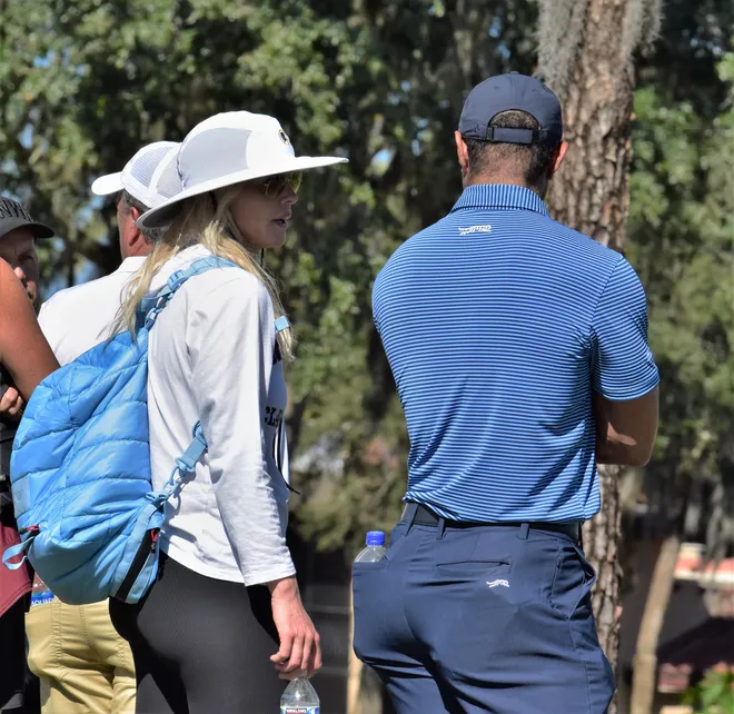 Tiger Woods and ex-wife Elin Nordegren chat as they both watch son Charlie Woods play at the Class 1A state championship on Nov. 15, 2025.